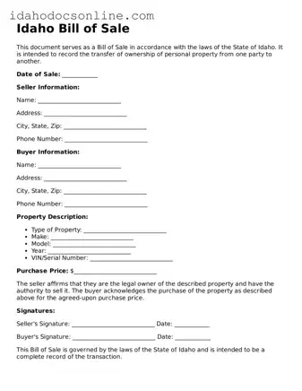 Free  Bill of Sale Form for Idaho