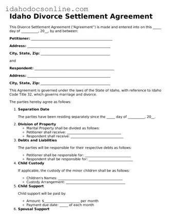 Free  Divorce Settlement Agreement Form for Idaho