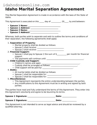 Free  Marital Separation Agreement Form for Idaho