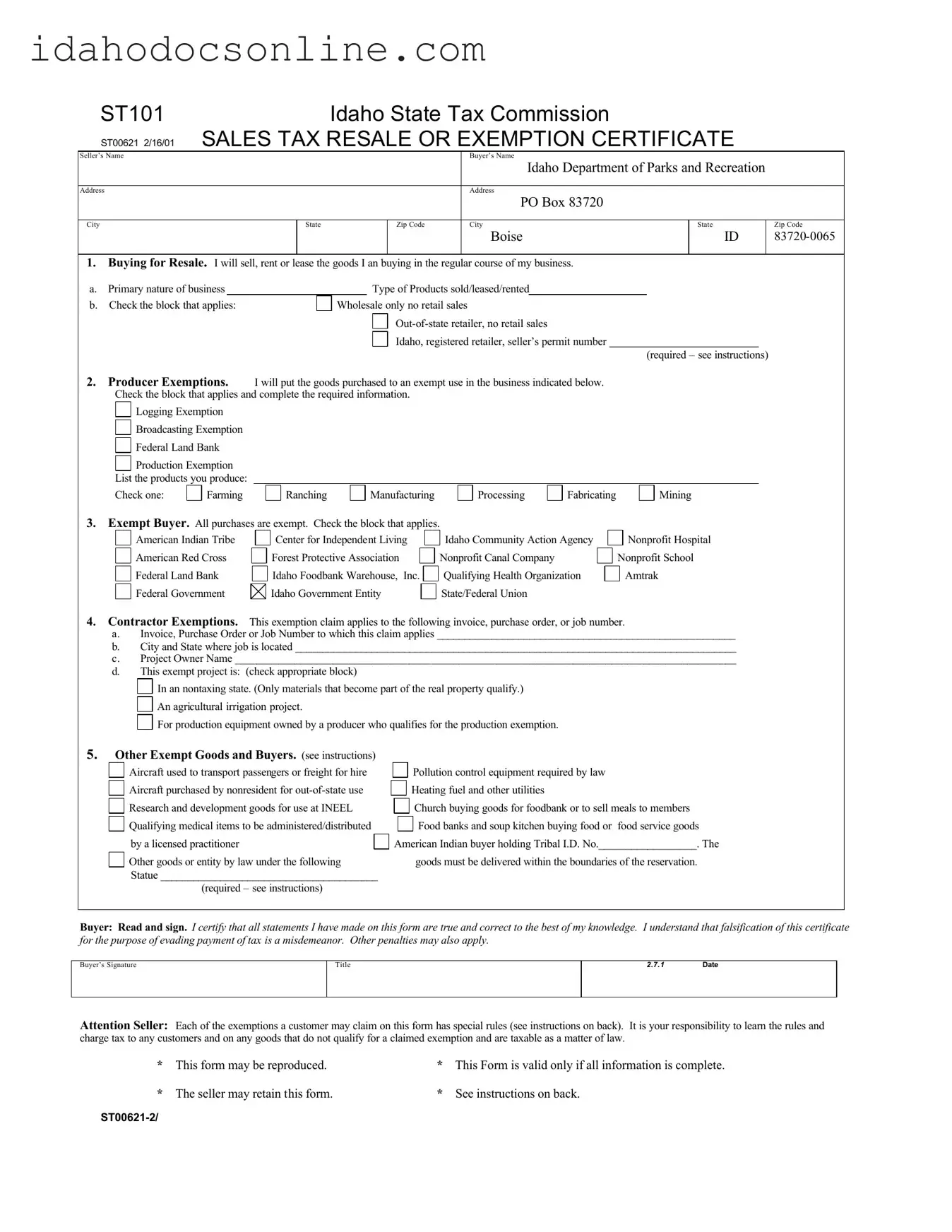Blank St 101 Idaho PDF Form